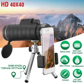 1Pc 40 Plus 40 HD Optical Monocular Telescope With FMC Lens For Outdoor Low Light Vision Scope Phone Holder Tripod Compass For Bird Watching Hunt (Option: BLACK)